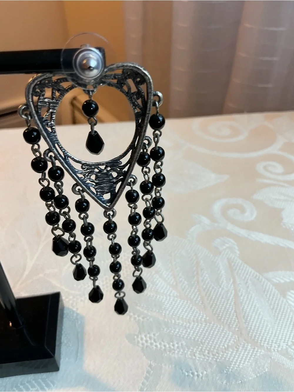 Black Glass Multi-Strand Silver Tone Statement Necklace and Earrings Set